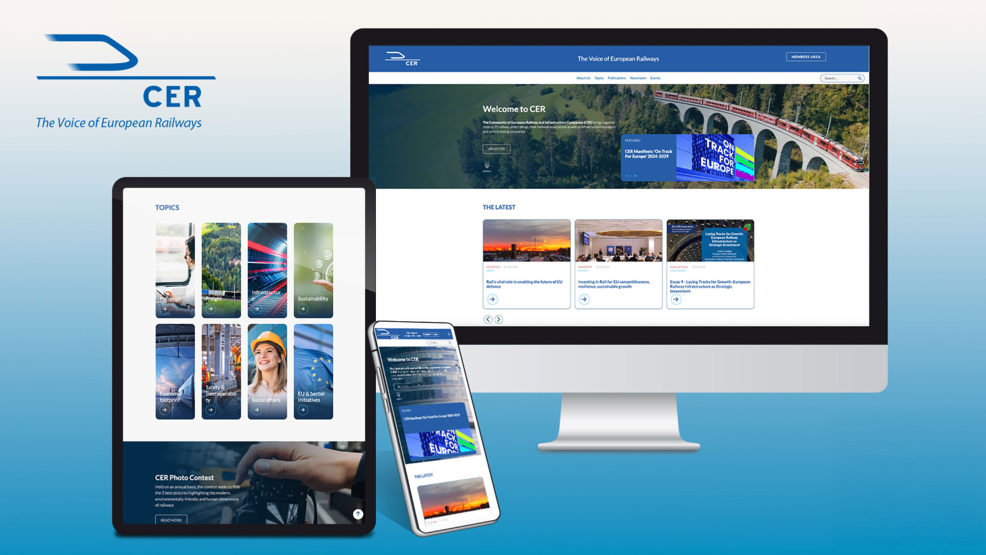 CER, The Voice of European Railways, association website by #inextremis shown on a desktop, tablet and mobile, with topic cards and newsroom