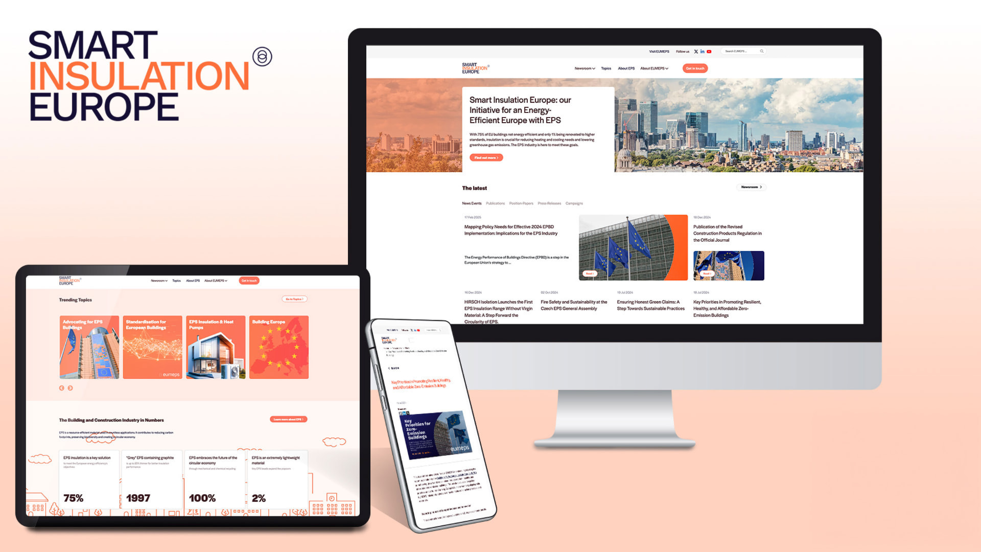 Smart Insulation Europe initiative website by EUMEPS, designed by #inextremis, shown on a desktop, tablet and mobile with trending topics and industry figures