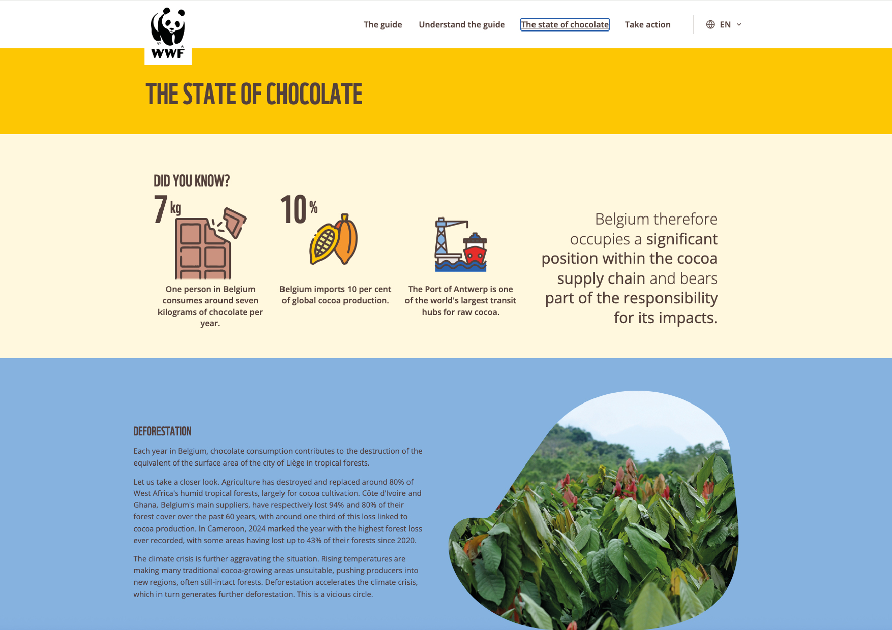 WWF Chocolate Guide platform by #inextremis for WWF-Belgium: The state of chocolate page with key figures on Belgian consumption and a deforestation section