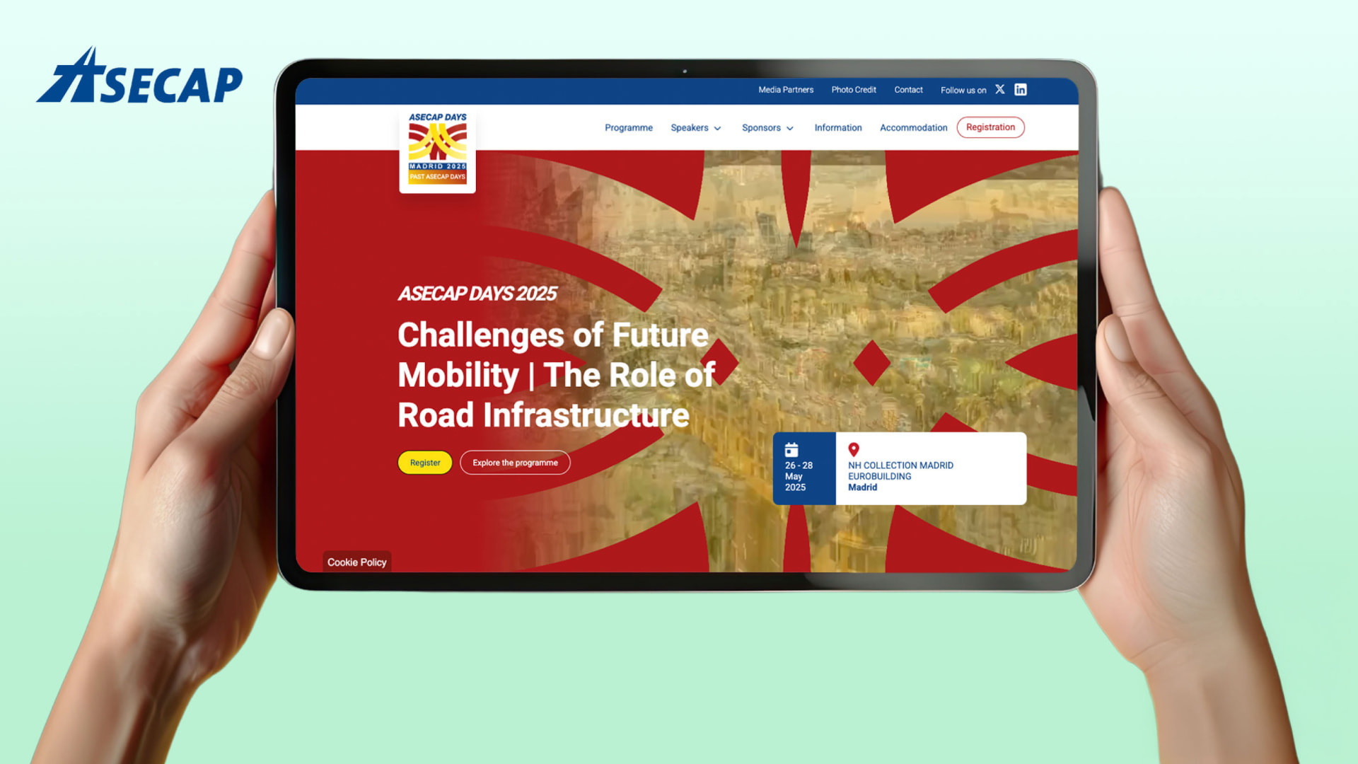 ASECAP Days 2025 event website by #inextremis shown on a tablet held in two hands, with programme, speakers and registration navigation