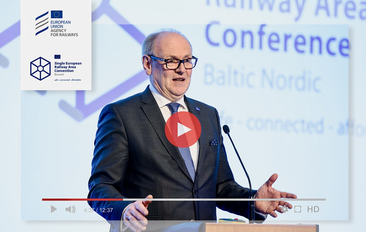 Video player showing a speaker at the Single European Railway Area Convention, with the European Union Agency for Railways and convention logos