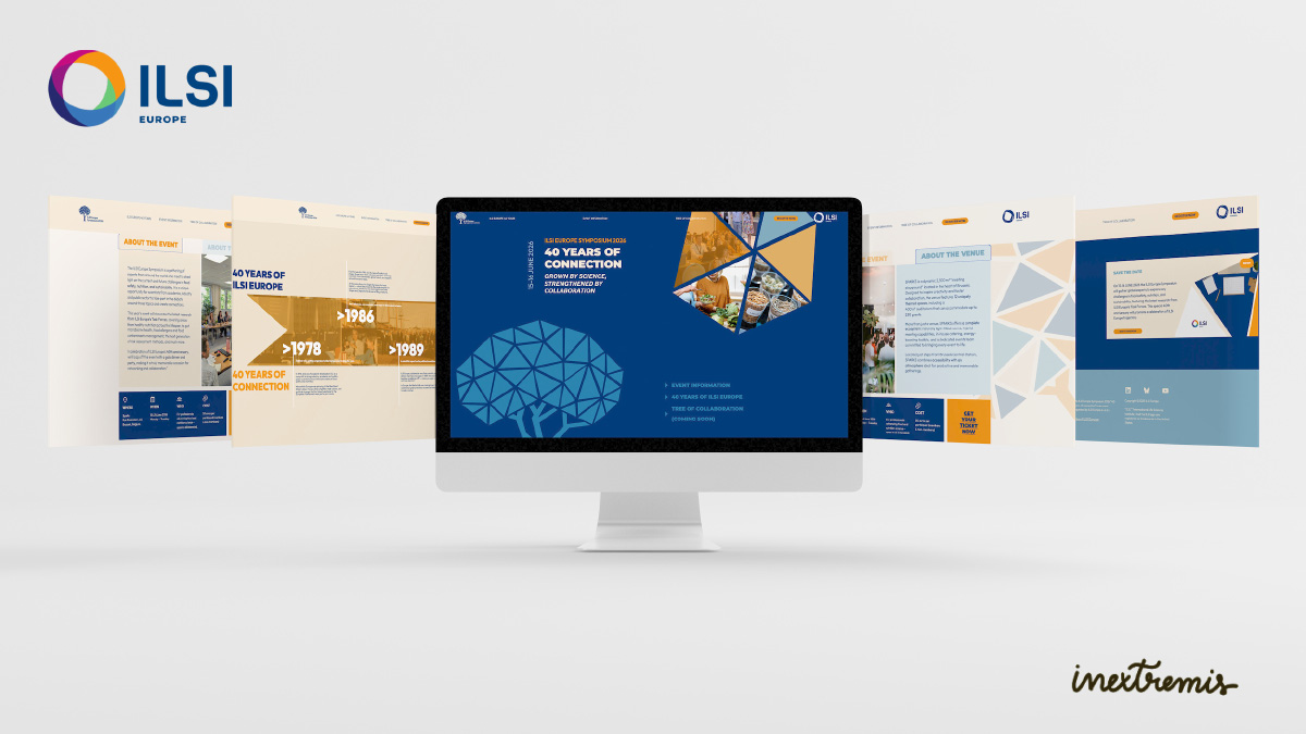 ILSI Europe Symposium 2026 digital platform designed by #inextremis: the 40 Years of Connection website shown on a desktop screen with further page layouts fanned out behind it