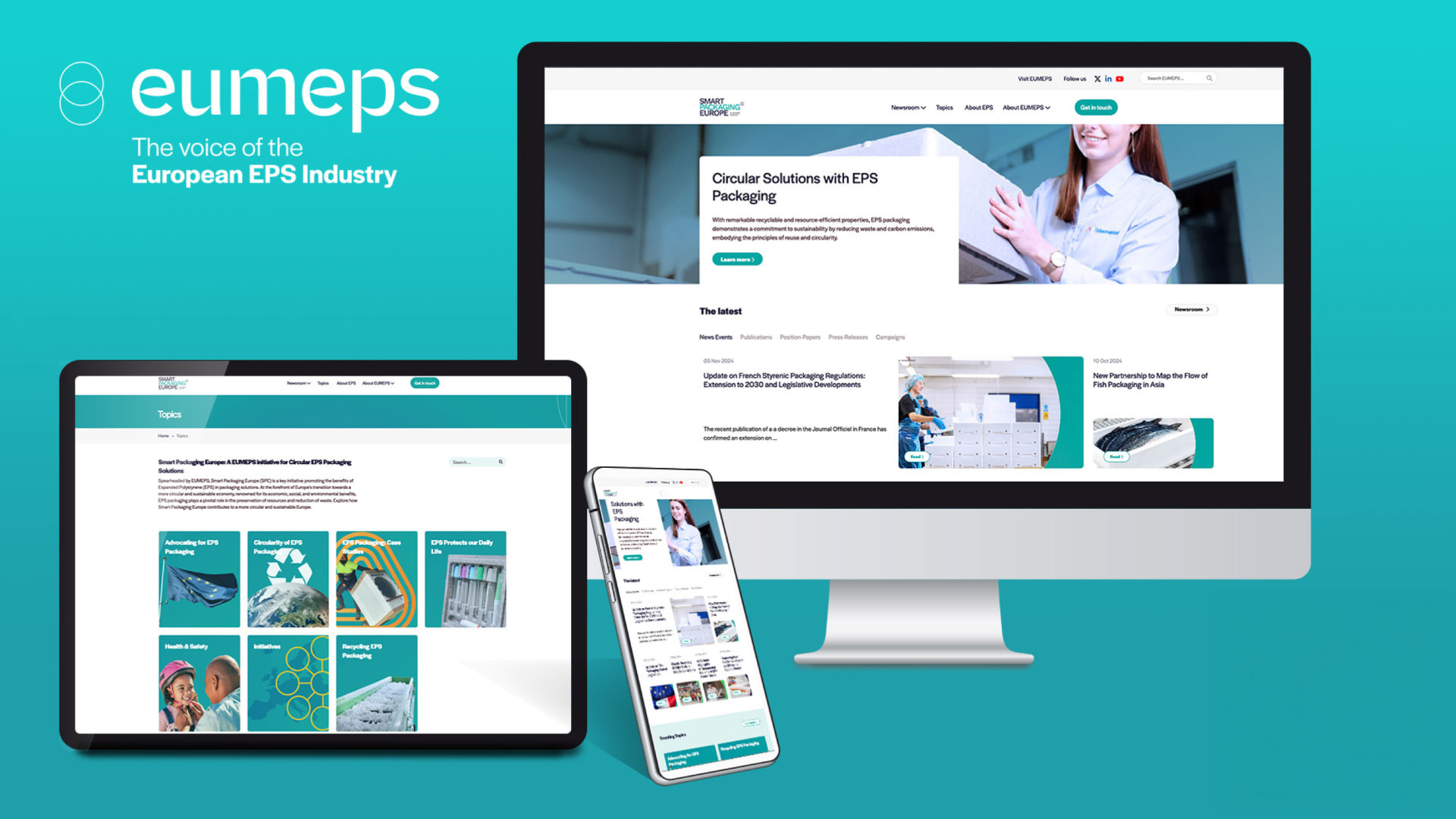 Smart Packaging Europe initiative website by EUMEPS, designed by #inextremis, shown on a desktop, tablet and mobile with circular EPS packaging topics