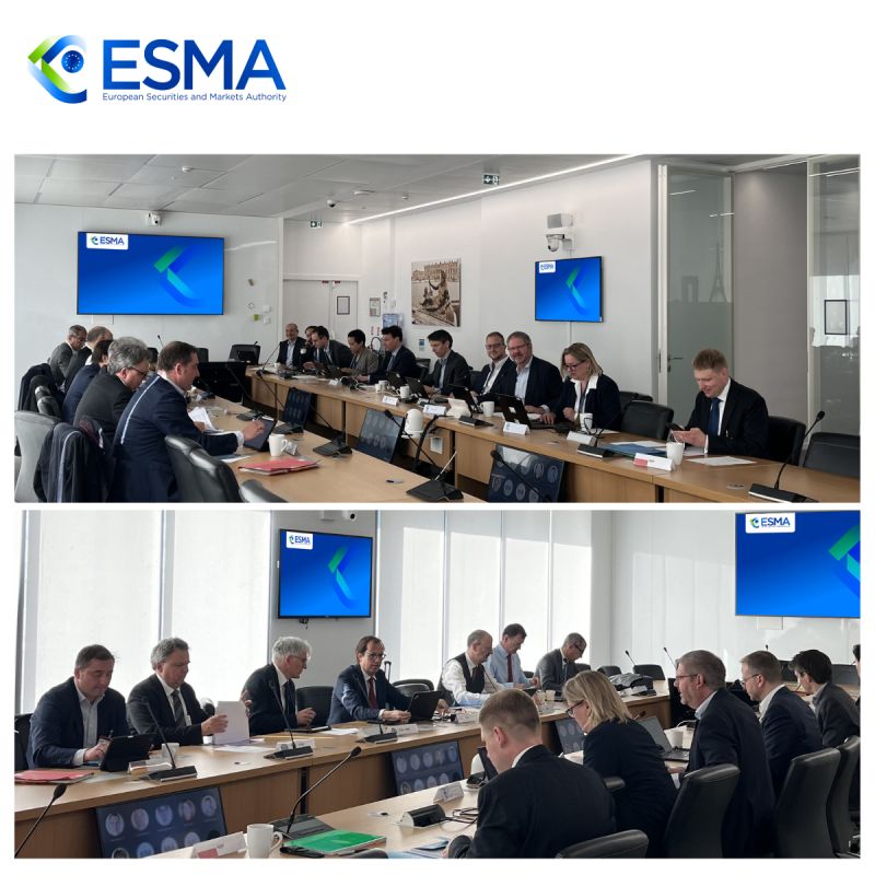 ESMA stakeholder meetings in Paris: delegates seated around long tables with the ESMA brand shown on wall screens