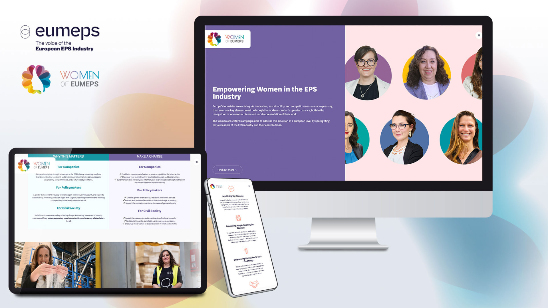 Women of EUMEPS campaign platform by #inextremis shown on desktop, tablet and mobile, with portraits of female leaders of the EPS industry