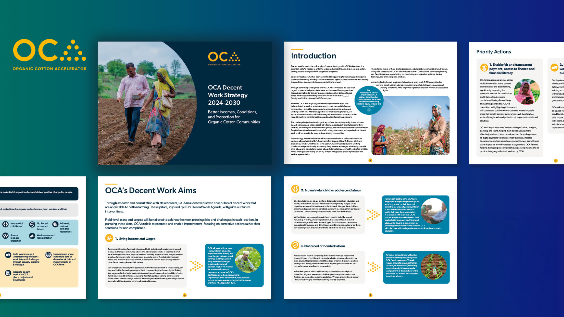 Spreads from the Organic Cotton Accelerator Decent Work Strategy 2024-2030 publication, showing the cover, introduction and decent work aims pages