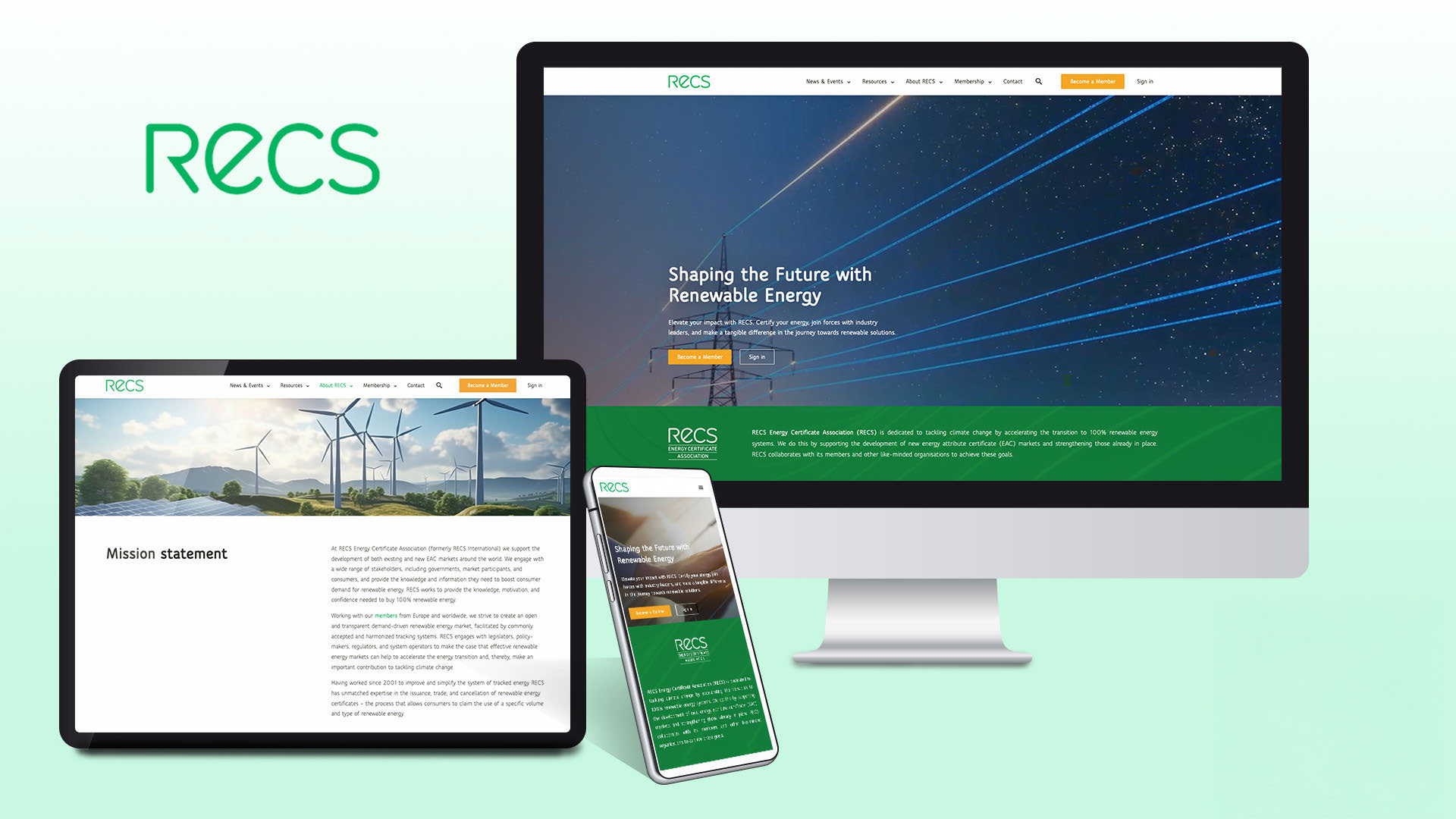 RECS Energy Certificate Association website by #inextremis shown on a desktop, tablet and mobile, with membership journeys and mission statement