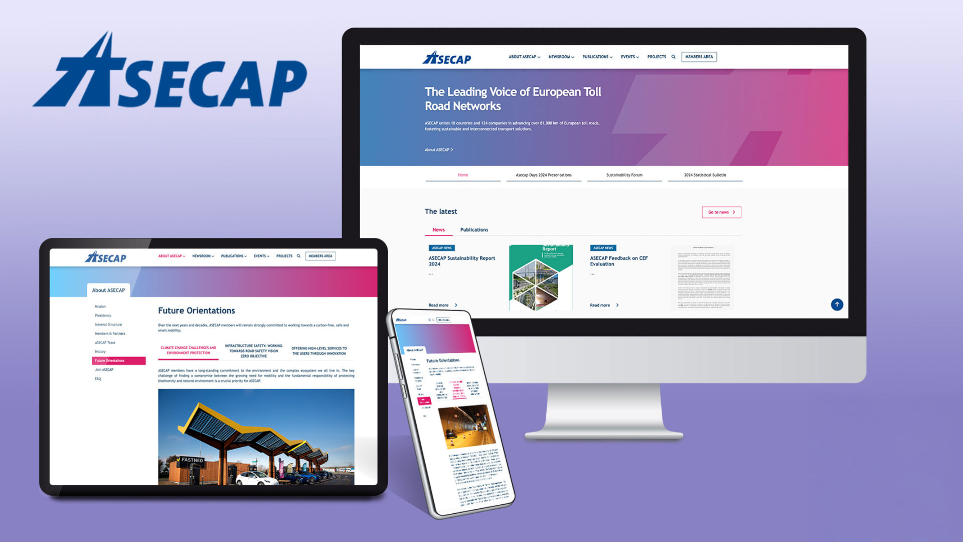 ASECAP association website by #inextremis shown on a desktop, tablet and mobile, with publications, projects and members area