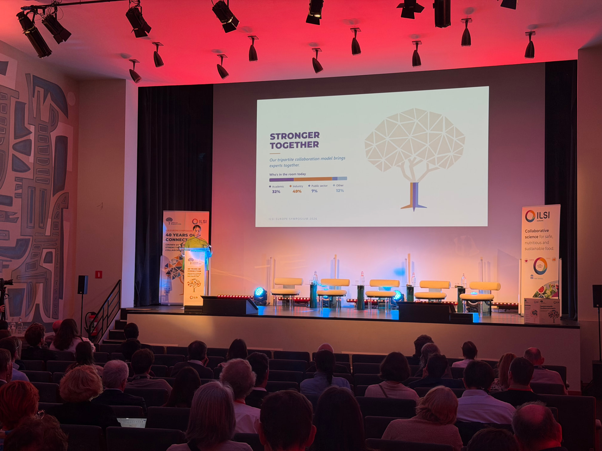ILSI Europe Symposium 2026 plenary: a full auditorium watching the Stronger Together slide on stage in Brussels