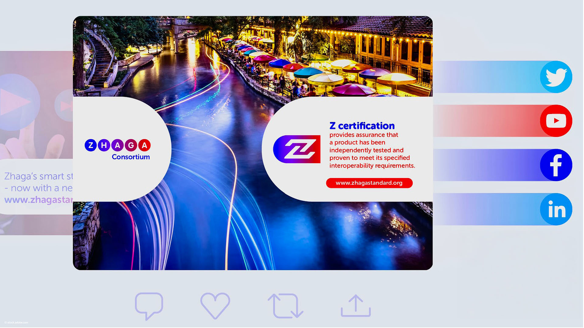 Zhaga Consortium social media campaign by #inextremis: a post explaining Z certification, shown with the Zhaga Consortium logo over a night cityscape of light trails
