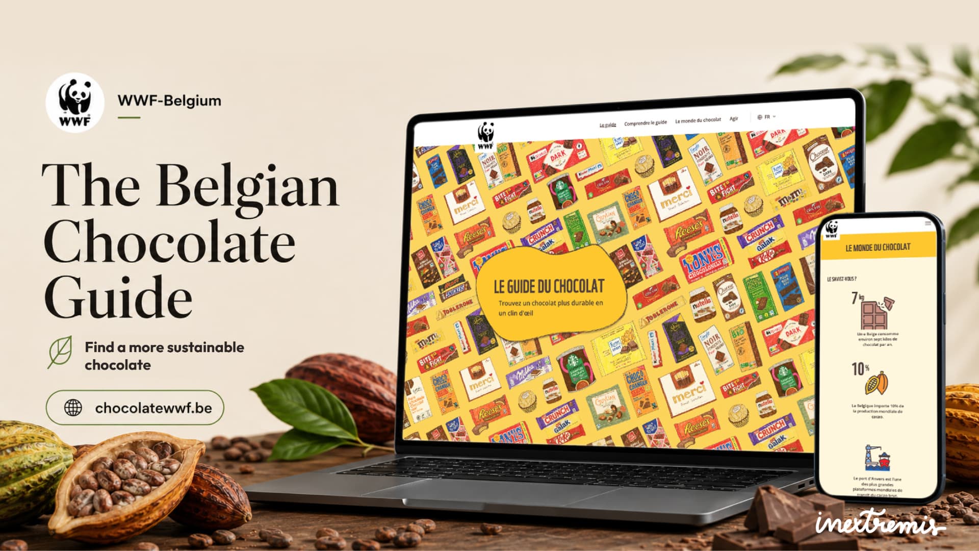 The Belgian Chocolate Guide for WWF-Belgium: the chocolatewwf.be campaign website shown on a laptop and a mobile phone among cocoa pods, beans and chocolate