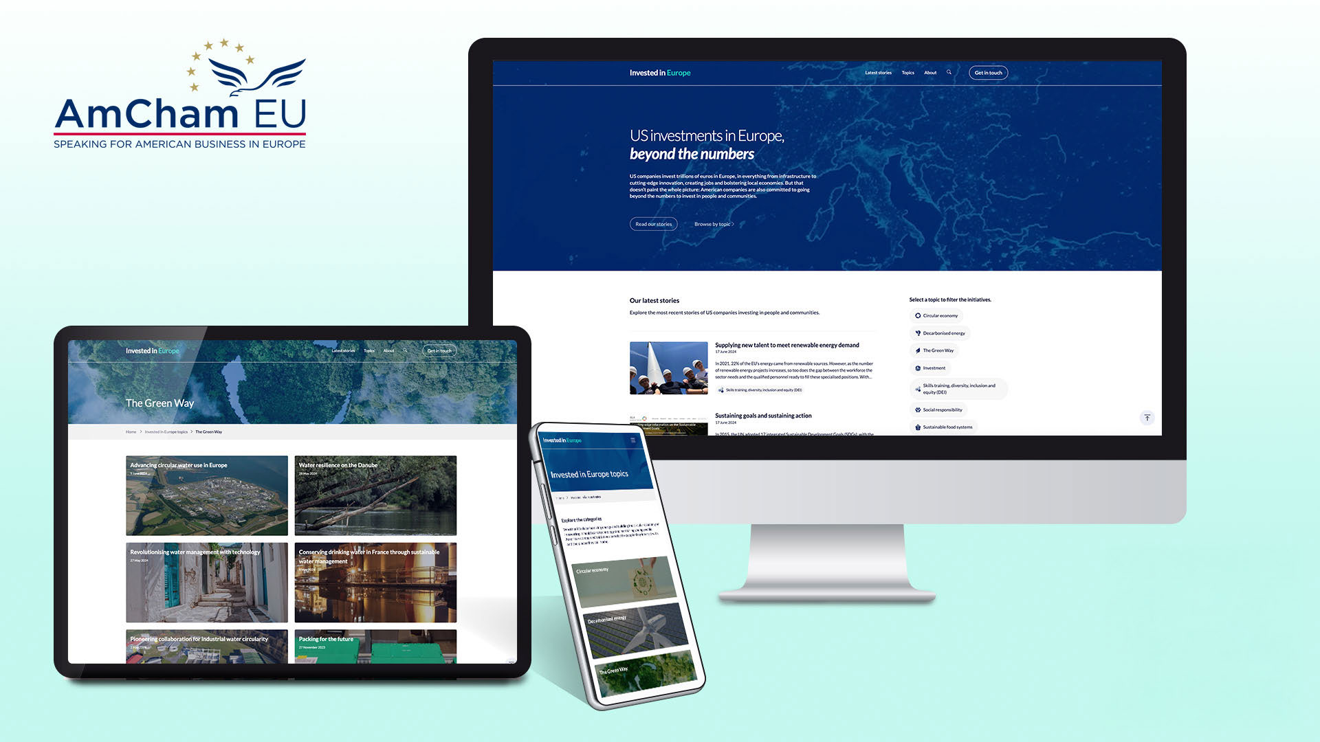 Invested in Europe storytelling platform for AmCham EU by #inextremis shown on a desktop, tablet and mobile with topic filters and story cards