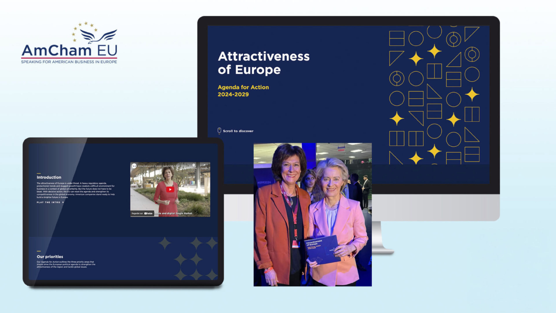 AmCham EU Attractiveness of Europe campaign: the Agenda for Action 2024-2029 website on desktop and tablet, with the launch event photograph and branded geometric pattern
