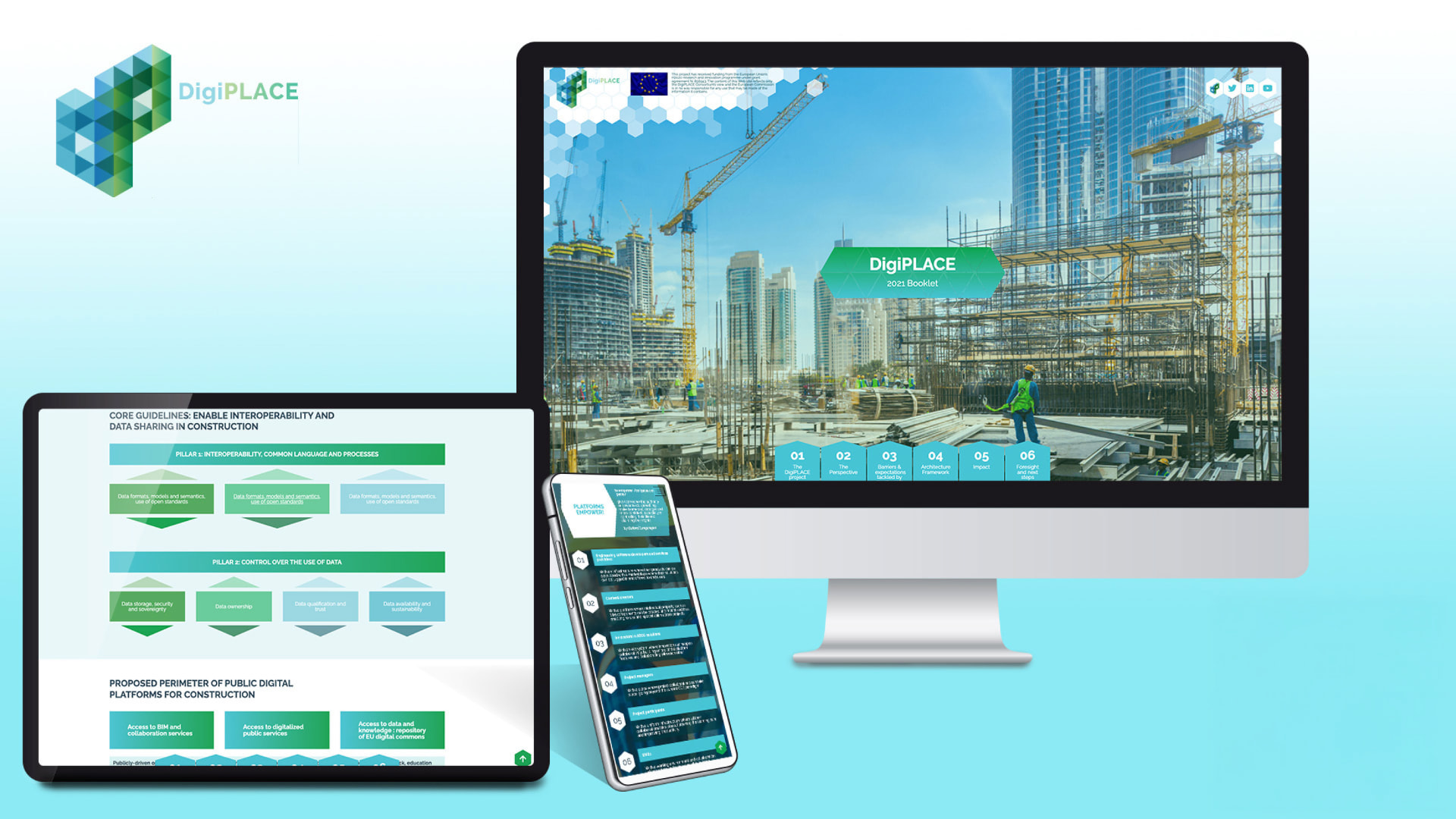 DigiPLACE 2021 booklet and project platform by #inextremis shown on a desktop, tablet and mobile with construction imagery and interoperability guidelines