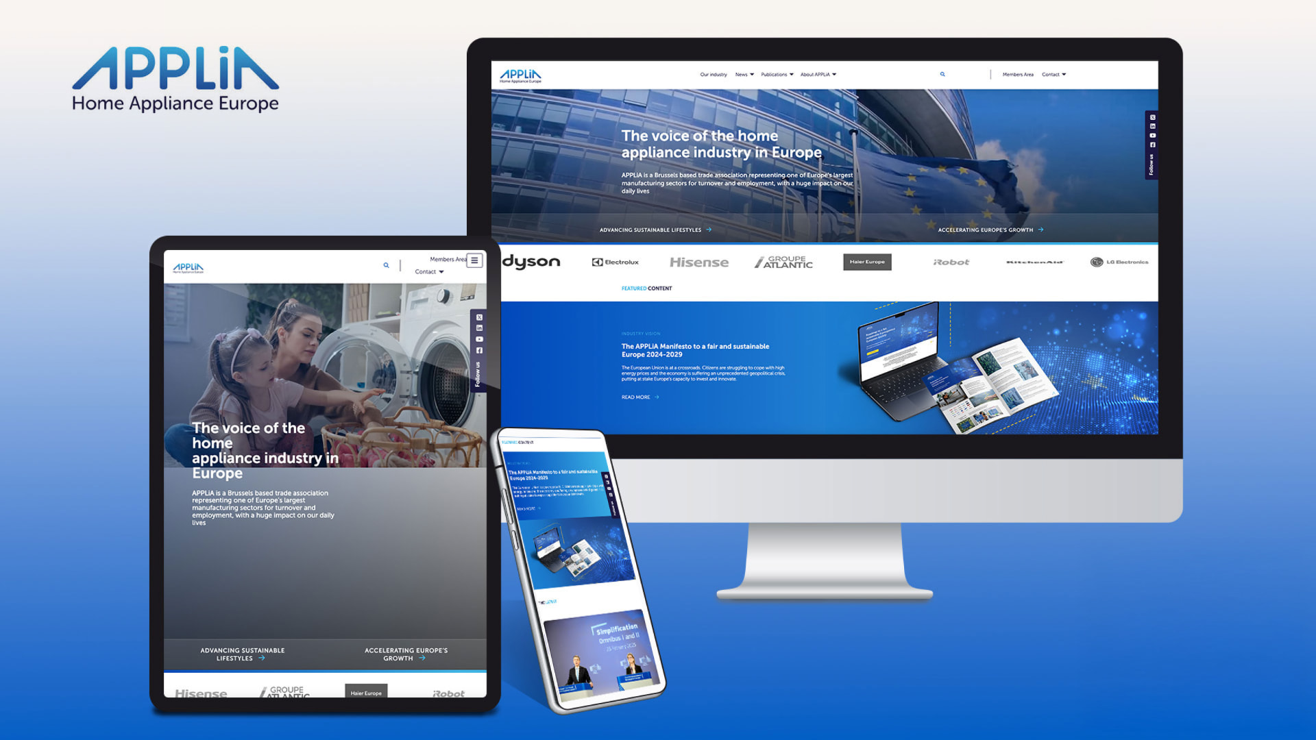 APPLiA Home Appliance Europe association website by #inextremis shown on a desktop, tablet and mobile, with the industry manifesto featured