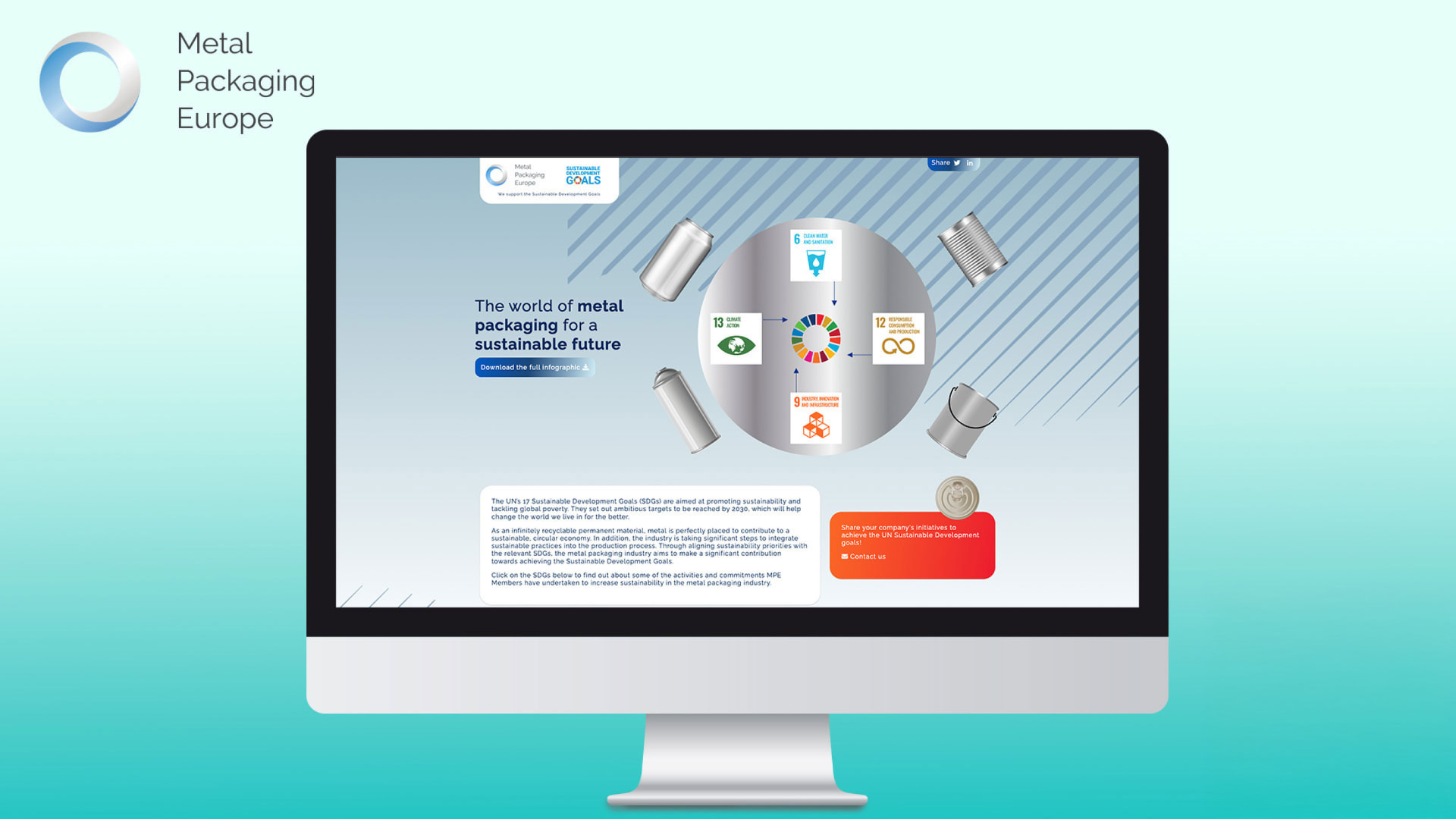 Metal Packaging Europe Sustainable Development Goals campaign platform by #inextremis, shown on a desktop screen with an interactive circle of SDG icons and floating metal cans