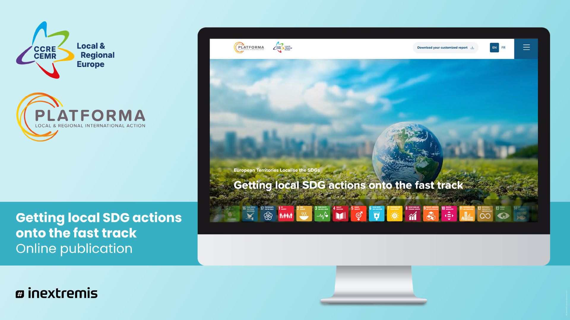 PLATFORMA and CEMR online publication “Getting local SDG actions onto the fast track” shown on a desktop screen, with the seventeen Sustainable Development Goal icons along the bottom