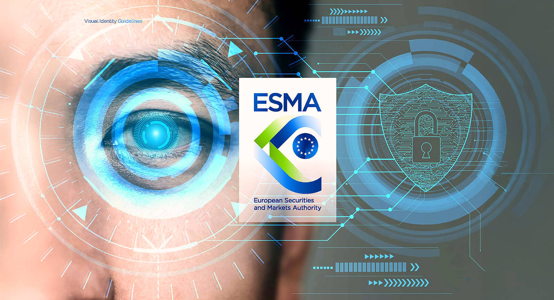 Cover of the ESMA Visual Identity Guidelines: a close-up eye overlaid with blue digital circuitry and the ESMA logo