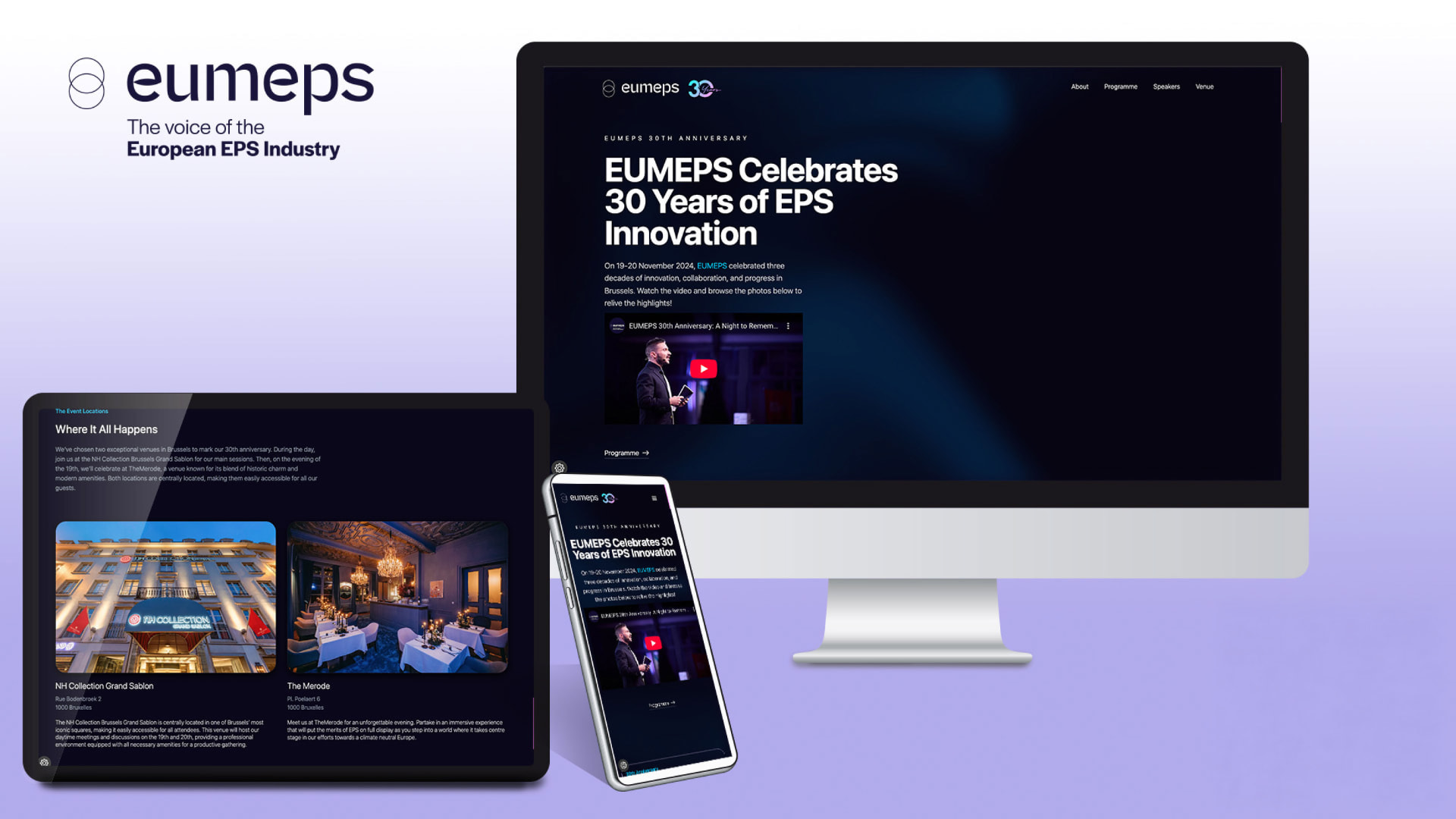 EUMEPS 30th anniversary online publication by #inextremis, shown on desktop, tablet and mobile alongside the EUMEPS identity