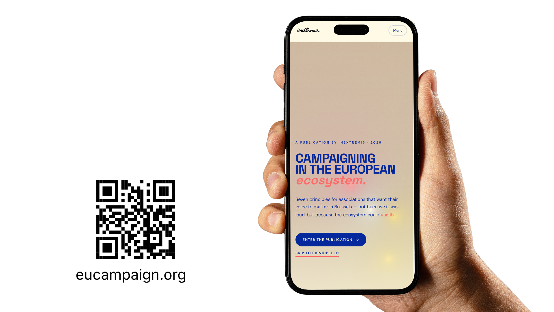 Campaigning in the European Ecosystem, a publication by #inextremis, shown on a mobile screen next to the eucampaign.org QR code