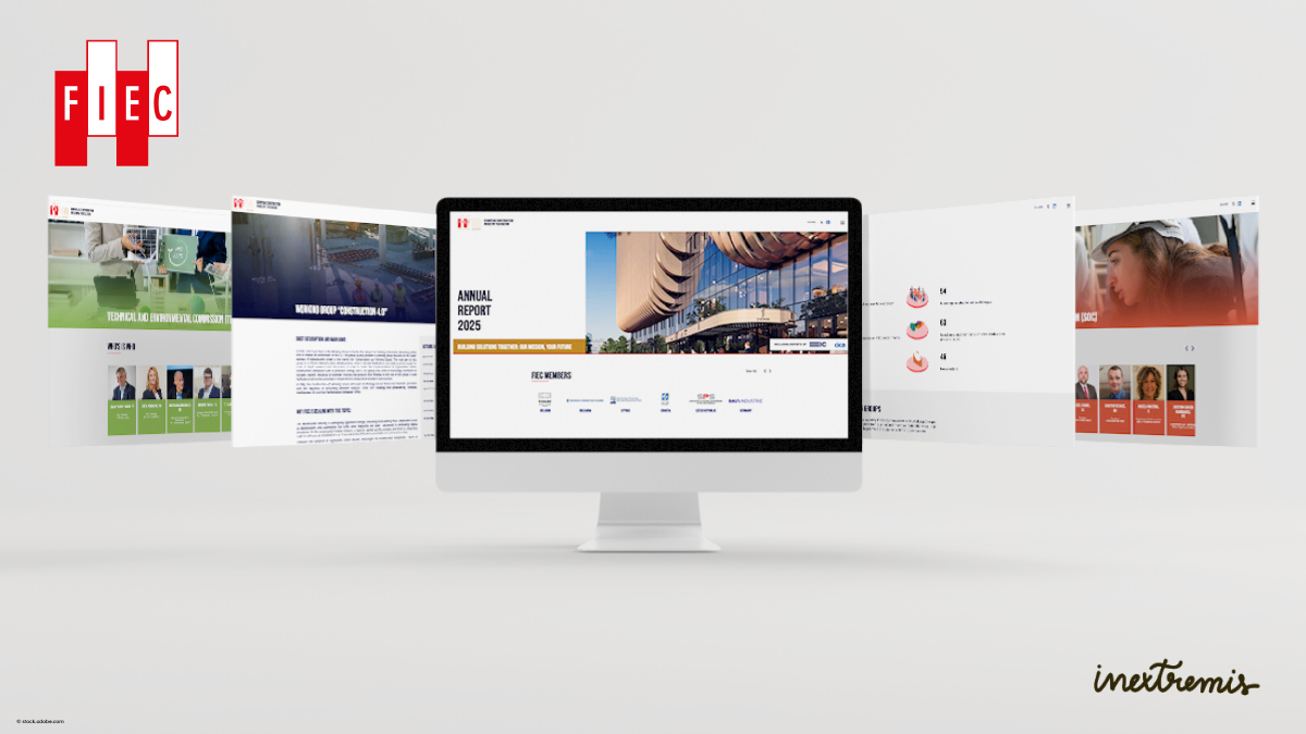 FIEC Annual Report 2025 online edition by #inextremis shown on a desktop screen with further chapter layouts fanned out behind it