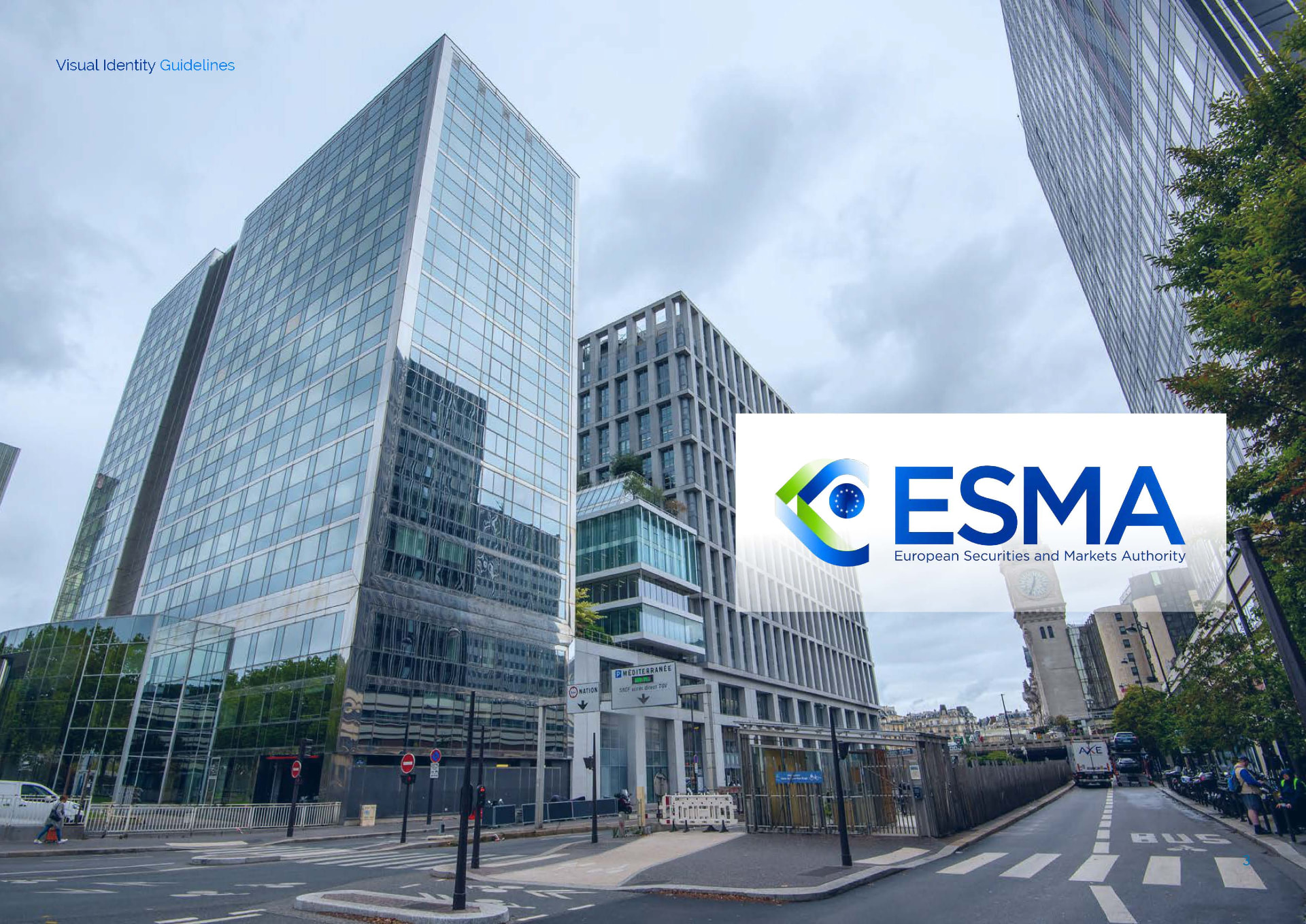 ESMA Visual Identity Guidelines cover: the ESMA logo shown over a photograph of the authority's headquarters in Paris