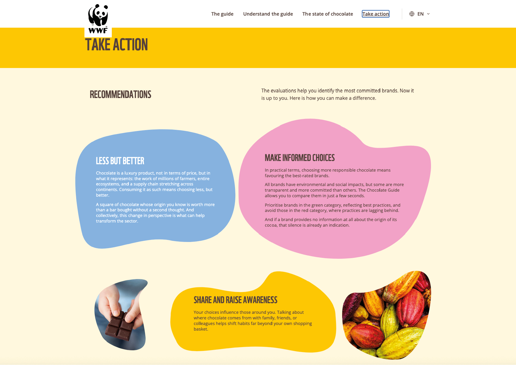 WWF Chocolate Guide platform by #inextremis for WWF-Belgium: the Take action page with recommendation panels in blue, pink and yellow organic shapes