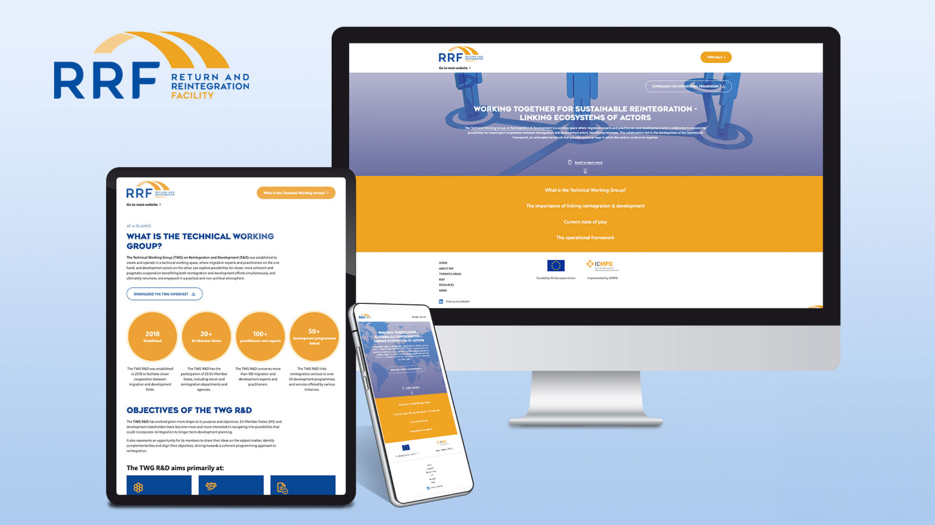 Return and Reintegration Facility Technical Working Group platform by #inextremis shown on a desktop, tablet and mobile with key figures and objectives