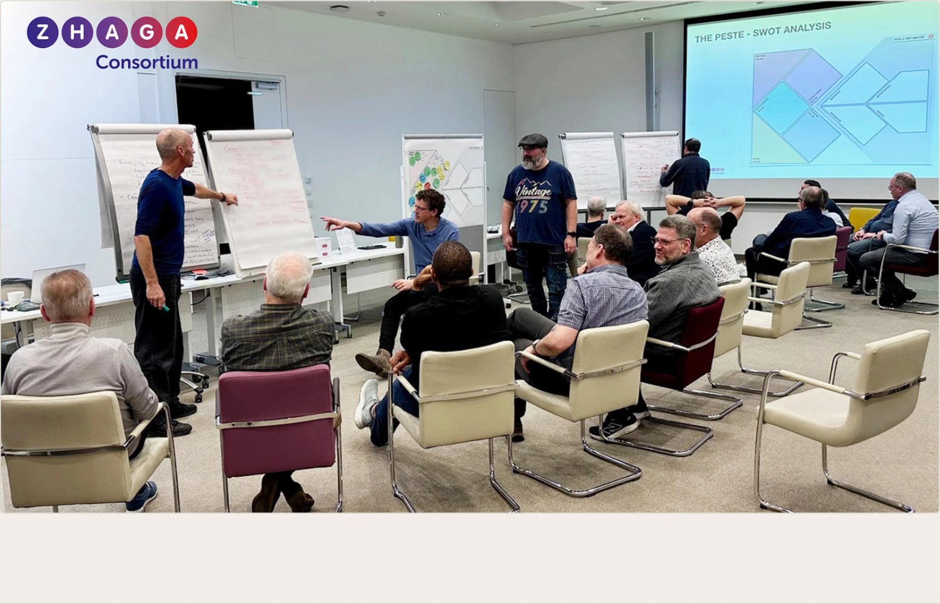 Zhaga Consortium strategic workshop: members seated in a circle discussing the PESTE and SWOT analysis projected on screen, with flipcharts of emerging trends behind the facilitator