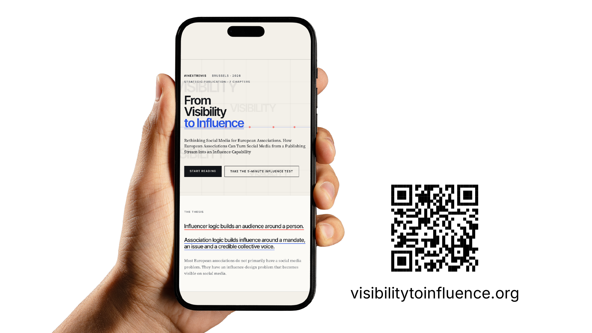 From Visibility to Influence, a publication by #inextremis, shown on a mobile screen next to the visibilitytoinfluence.org QR code