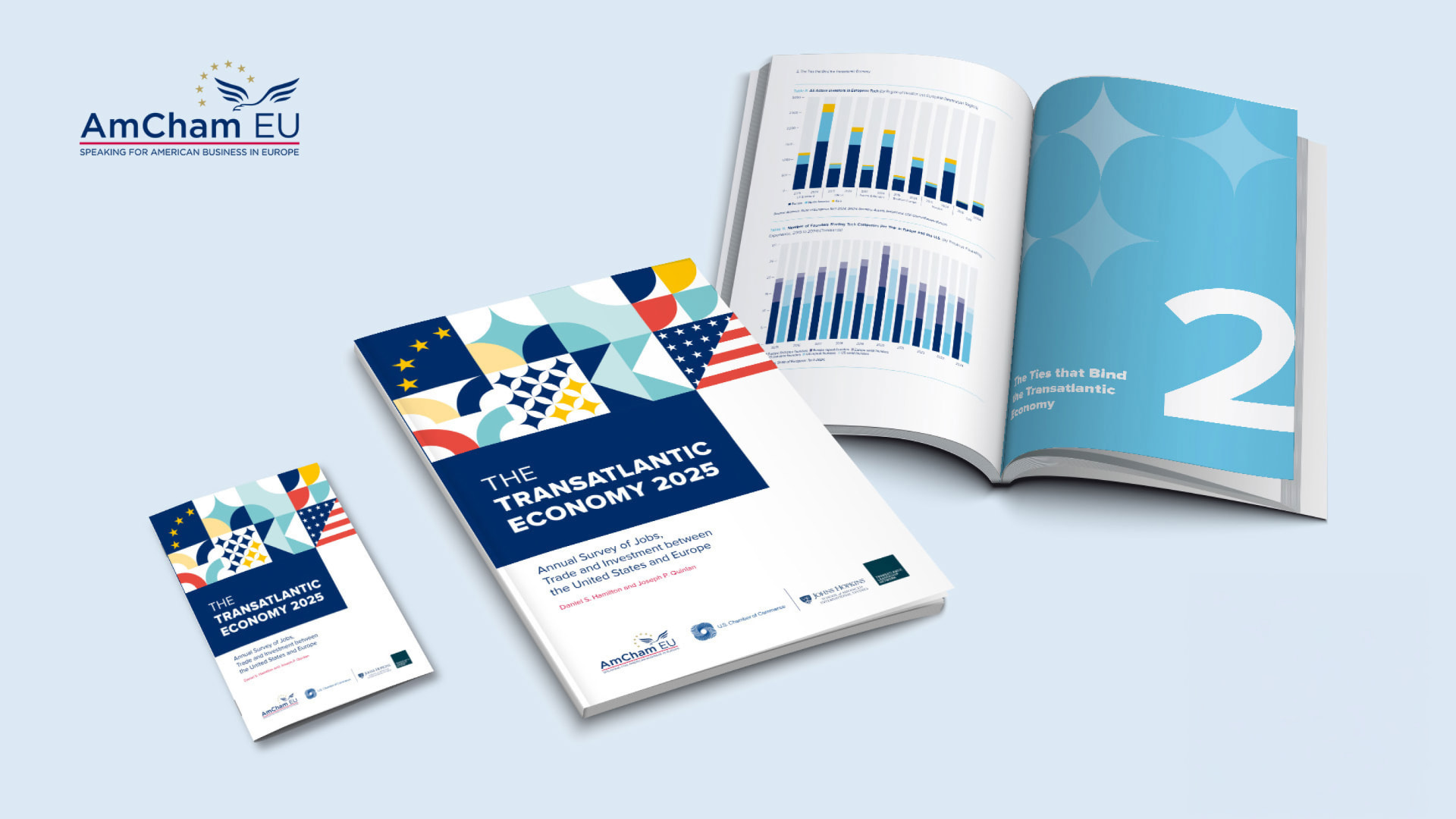 The Transatlantic Economy 2025 anniversary edition for AmCham EU: printed cover and an open spread with charts and a chapter opener