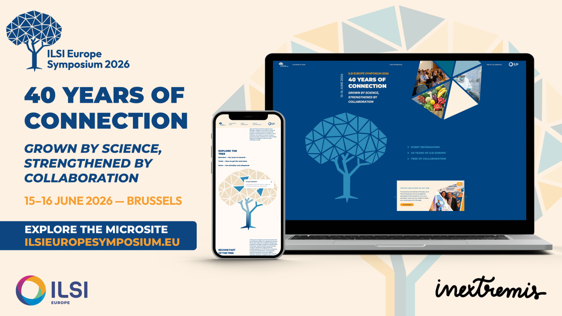 ILSI Europe Symposium 2026 microsite by #inextremis: the 40 Years of Connection platform shown on desktop and mobile with the illustrated tree of collaboration