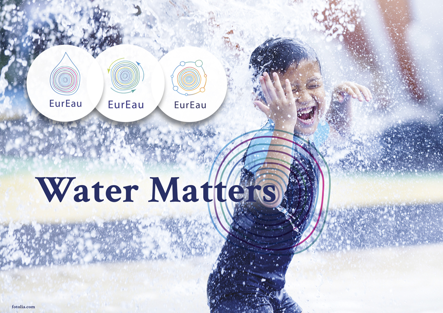 EurEau Water Matters campaign visual showing a laughing child in water spray with three EurEau identity marks and the Water Matters headline