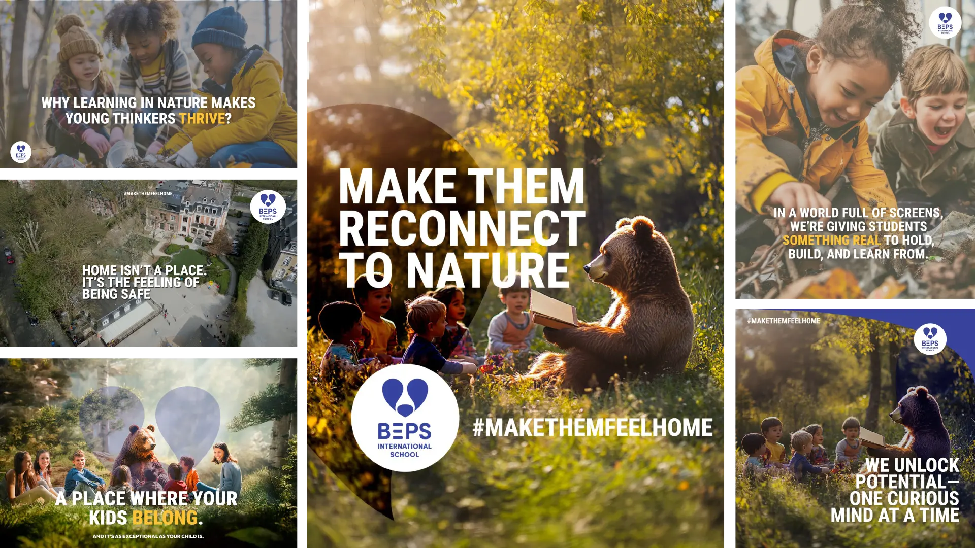 BEPS International School #MakeThemFeelHome campaign shown as a set of social and display visuals around a central Make them reconnect to nature key visual