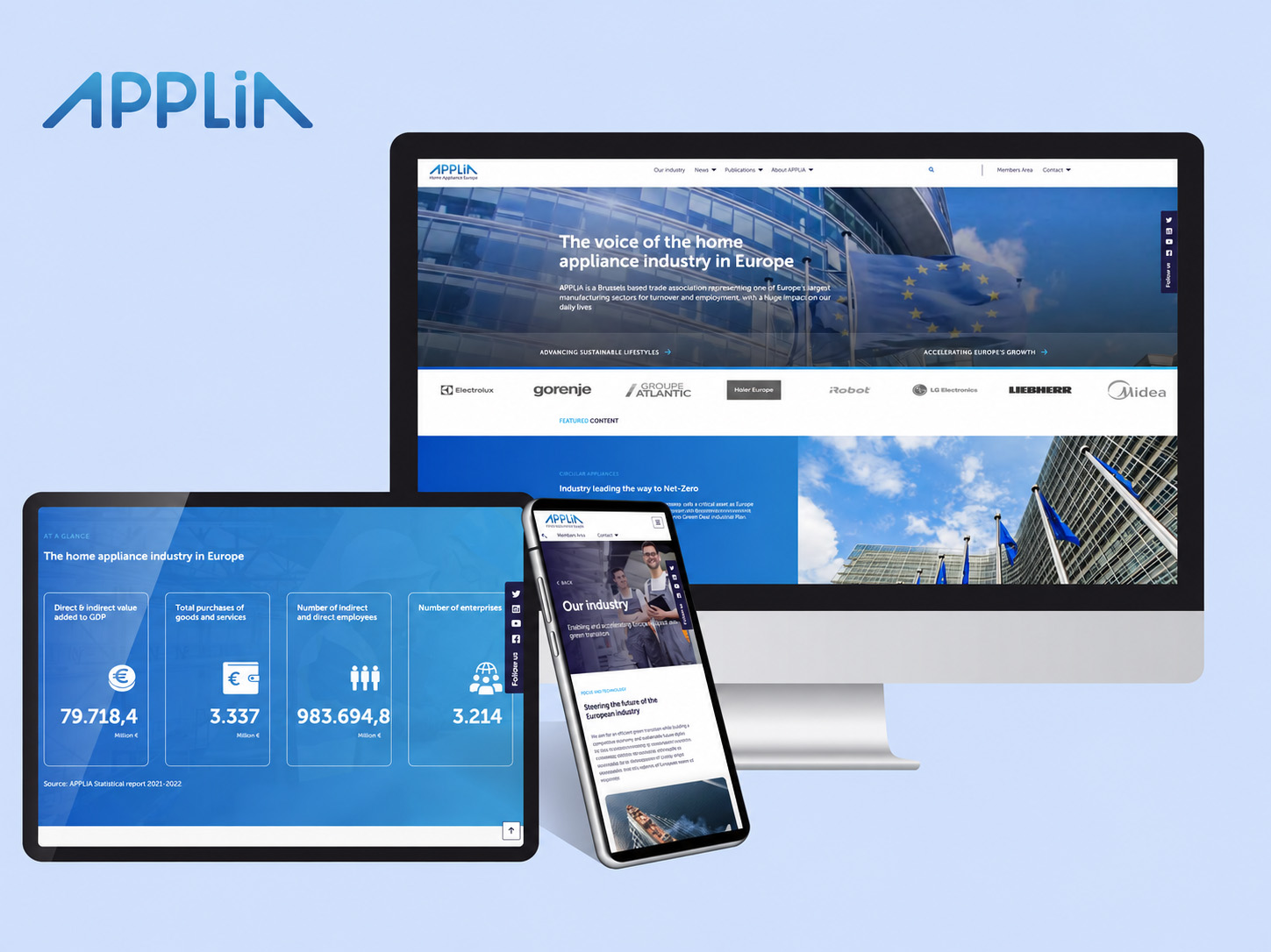 APPLiA Home Appliance Europe website designed by #inextremis, shown on desktop, tablet and mobile screens with the association's statistics and industry pages